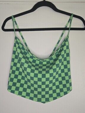 Pretty Garbage Cowl Opened Back Green Checkered Top NWT Women's Medium